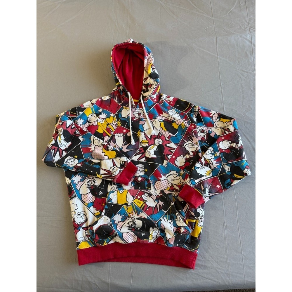 Popeye Hoodie Sweatshirt Mens Large Red The Sailor AOP Y2K Cartoon